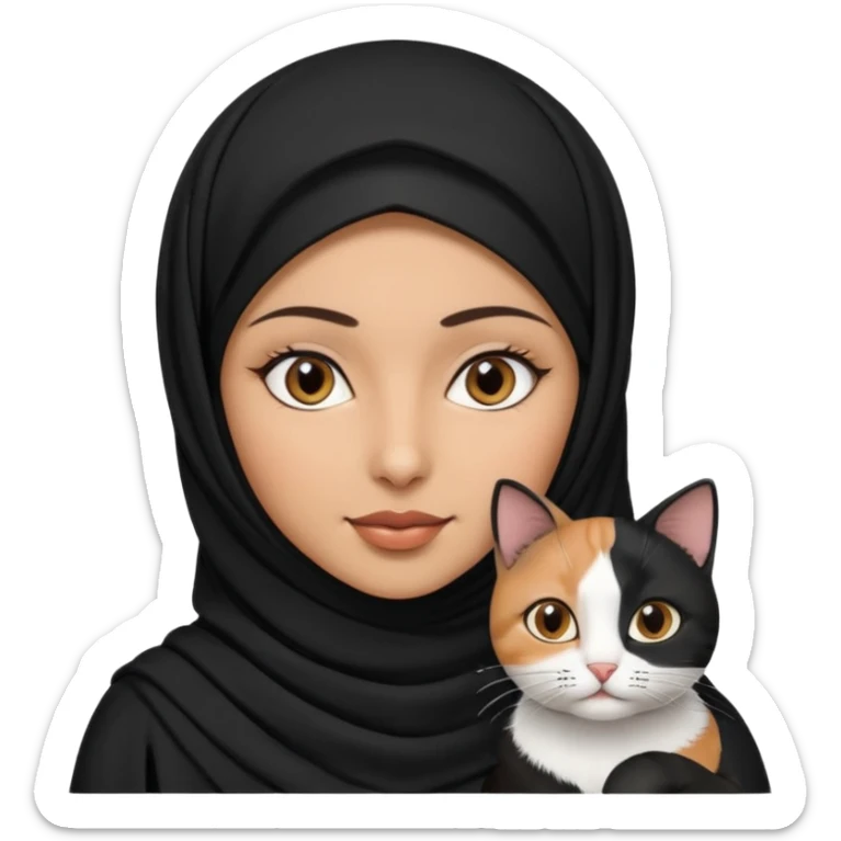 A Arabic woman human with brown eyes and black hijab. , the human is a human, two cats, the both cats is blackwhite,,  NO CAT EARS ON THE HUMAN ,  sticker