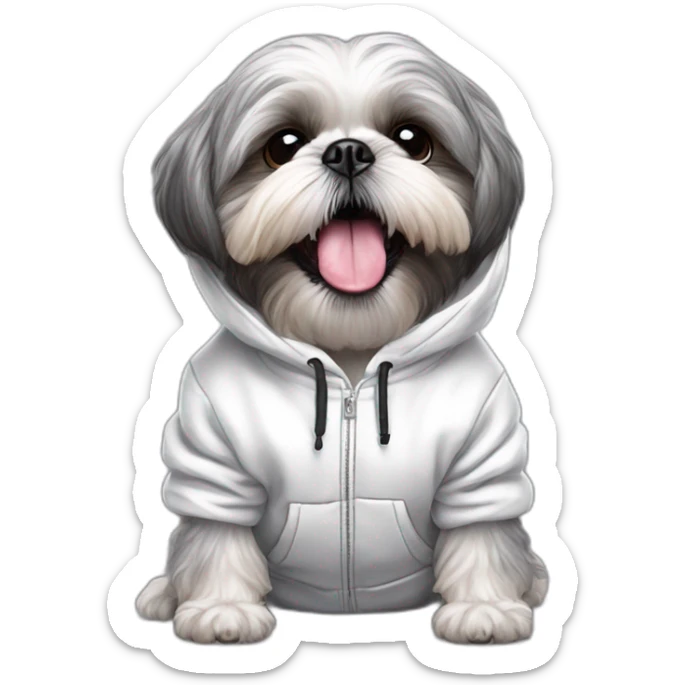 grey shih tzu tongue out with white dinosaur hoodie sticker