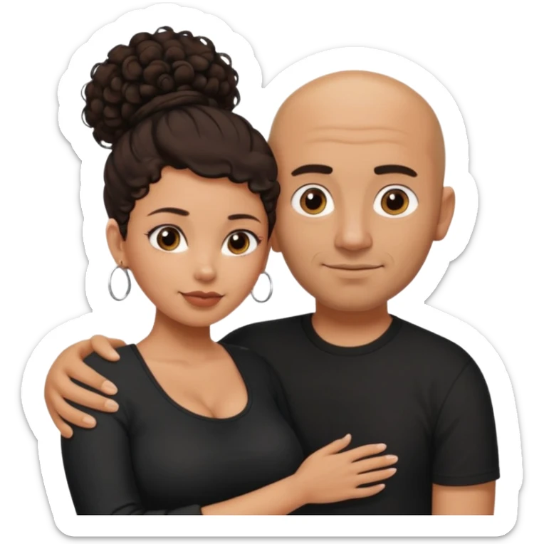 A picture of a tanned couple with the man's arm on her. the man is a Mexican man with tanned skin, a bald hair cut, short beard and wearing a black shirt. the woman is mixed, with curly dark brown hair in a messy bun and with big boobs  sticker