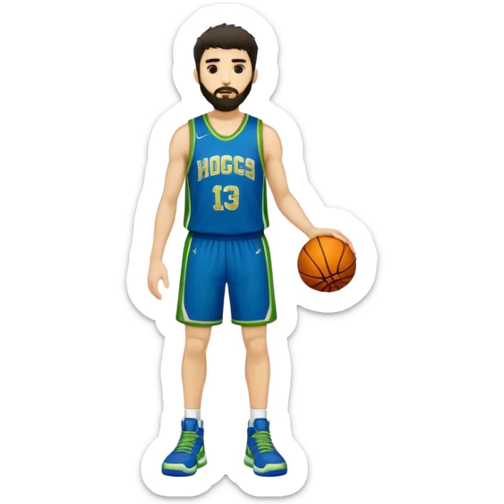 Full Body  white male basketball player with short shaggy dark hair and gold tee beard wearing blue and green uniform sticker