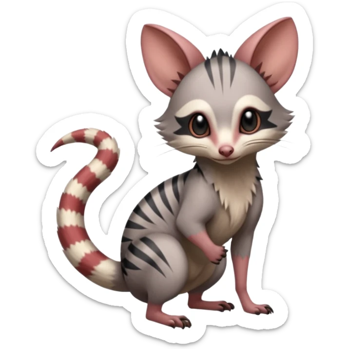 Minccino-Opossum-Numbat-Lykoi-Sphynx-Zangoose-fusion-hybrid-animal-Fakémon-creature, full body, thin long sleek scaly tail, intricate markings sticker