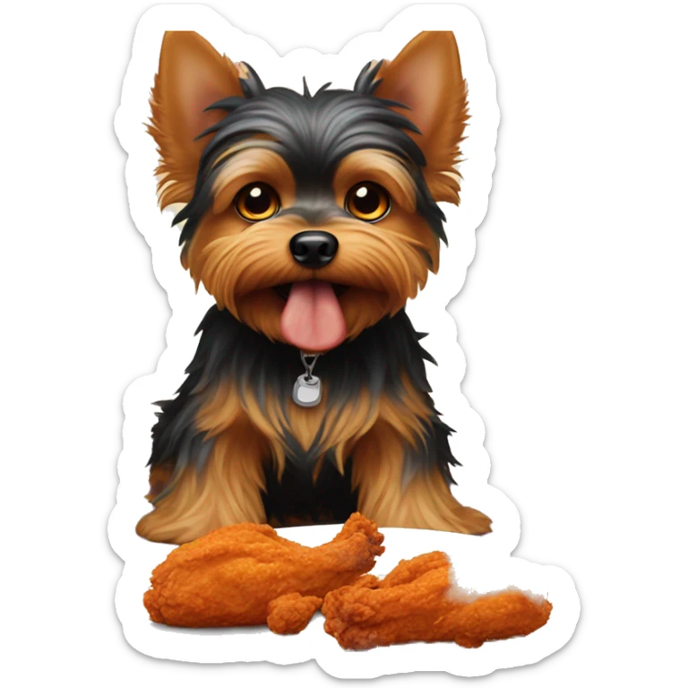 Evil Yorkie with fiery eyeballs eating a giant piece of fried chicken sticker