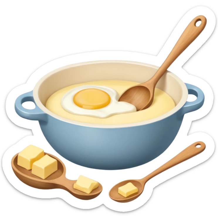 A cream ceramic baking bowl with a wooden spoon in it, next to it is a carton of eggs and butter sticker