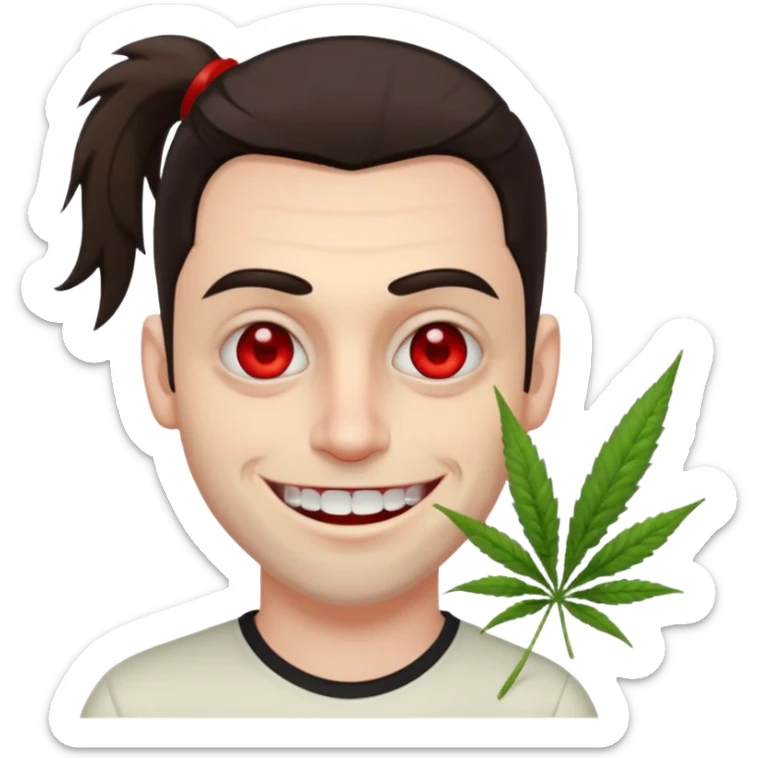 A white man with dark brown hair in a ponytail, oversized bloodshot eyes, grinning, weed smoker  sticker
