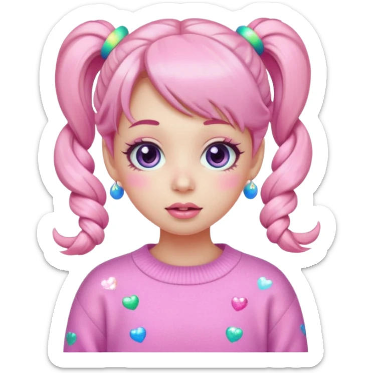 “Emoji girl, pastel pink blush, sparkly wide eyes, glossy bubblegum lips, hair in cute pigtails with colorful clips, wearing oversized pastel sweater.” sticker