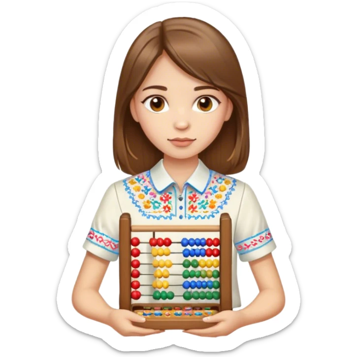 A Ukrainian girl with brown hair in an embroidered shirt holds an Abacus sticker