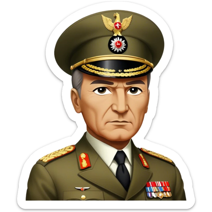 Cinematic Realistic Mustafa Kemal Atatürk Portrait Emoji, depicted as a visionary statesman with a determined gaze and period military attire, rendered with rich textures and dynamic historical lighting that captures his transformative leadership. sticker