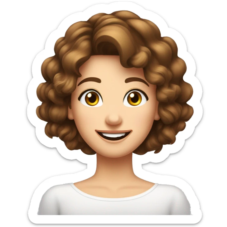 Une charmante dame avec des cheveux bruns legerement boucles jusqu'au epaules, des yeux verts, un regard timide, un beau sourire sticker