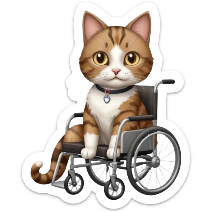 full body small short hair dark brown and white cat with hazel eyes walking in a wheelchair for cats sticker