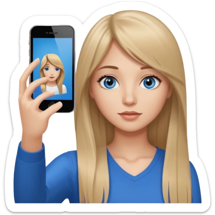 young woman with long straight dark blond hair, side bangs, and blue eyes. She is taking a selfie with an iphone  sticker