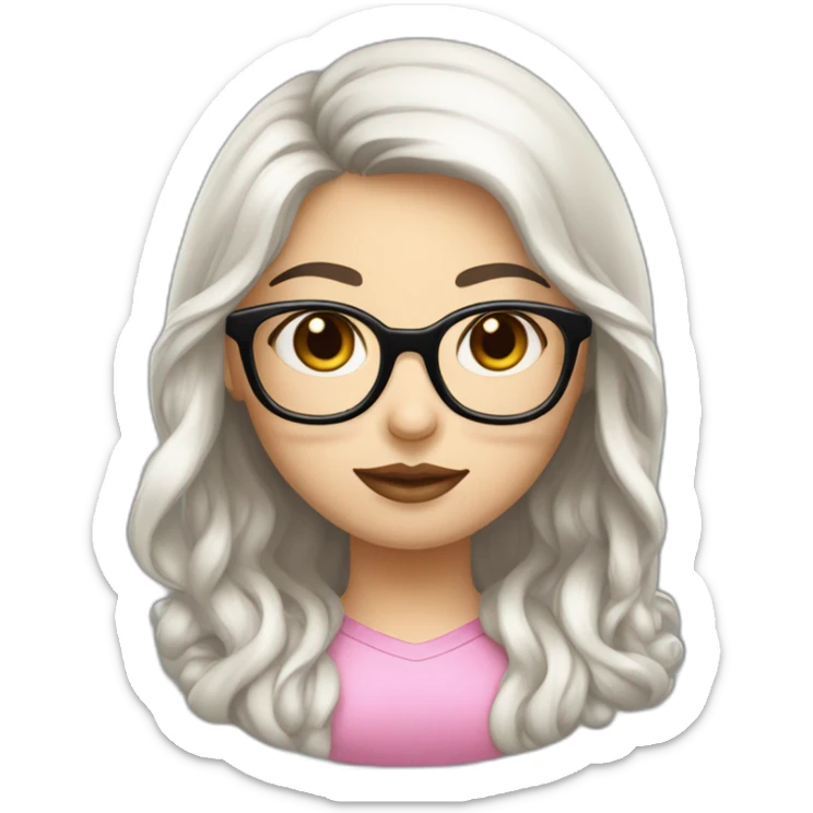 girl programmer with black long wavy hair and white skin and pink lipsand big eyes and Iranian face with rounded glasses sticker