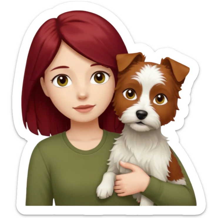 white terrier dog being held by woman with dark red long hair and hazel eye wearing olive green top sticker