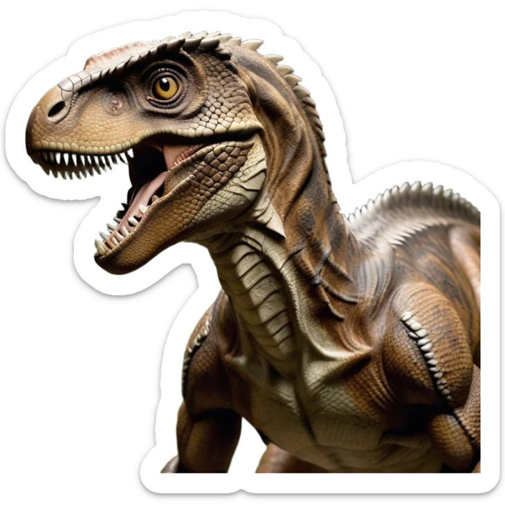 Cinematic Realistic Noble velociraptor/T-rex Portrait Emoji, Poised and imposing, with a massive, muscular build and a rugged, intricately scaled hide in ancient earthy tones, a sharply defined, fearsome head with piercing, primal eyes rendered in lifelike detail, high shine, intelligent and formidable, styled with an air of prehistoric authority, focused and attentive, soft glowing outline, capturing the essence of a watchful and confident velociraptor/T-rex that appears ready to roar out of the screen with timeless power! sticker