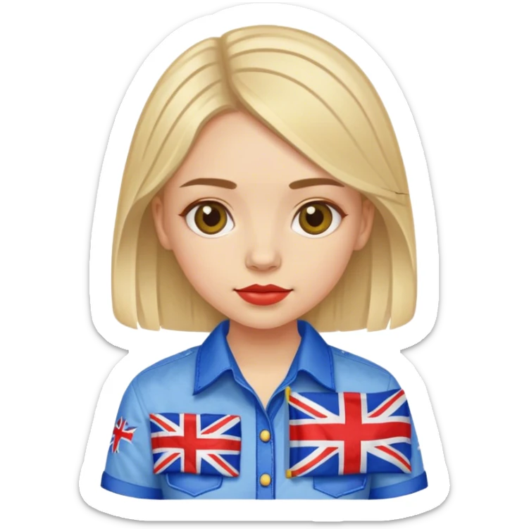 A Ukrainian girl wearing an embroidered shirt holds a British flag sticker