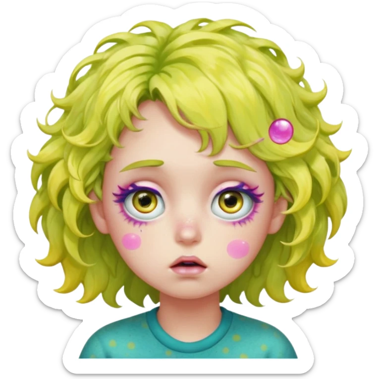 messy, wavy chartreuse hair, with pink specks, bushy eyelashes, and big round eyes, with irises that are teal on the outside and yellow on the inside while making a pouty face saying pay attention to me in bubble words sticker