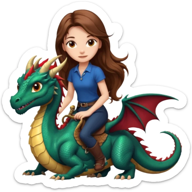 girl with long brown hair, long eye lashes, gorgeous riding a dragon sticker