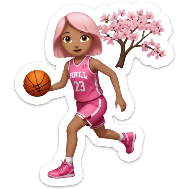 full body apple-style emoji of a basketball girl, April theme cherry blossom energy, jersey with cherry blossom vibe, holding a basketball, no cherry blossom trees or petals sticker