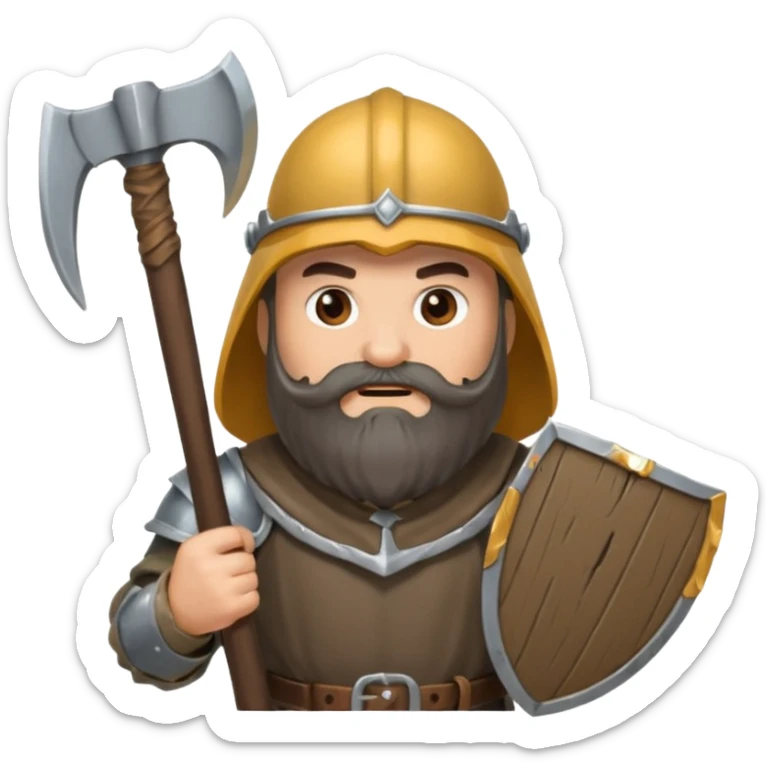 gimli lord of the rings with dark brown beard holding ax and a gray metal helmet sticker