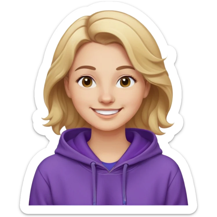 Mujer caucasian, cara redonda, cejas suaves, pelo ondulado castaño claro con puntas rubias, raya al lado. Sonrisa amplia, expresión feliz. Hoodie lila puesta sticker