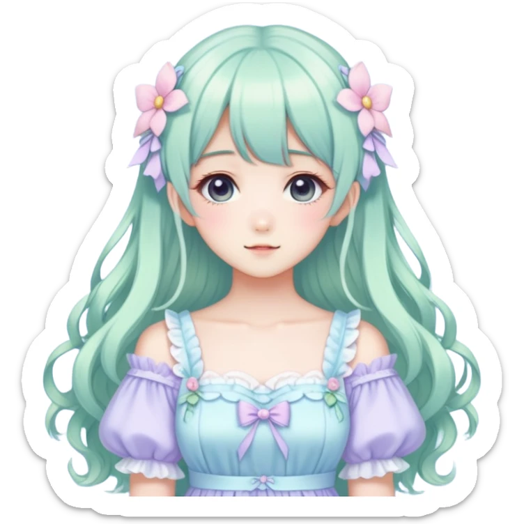 Cute kawaii gorgeous pretty anime pastel lady beautiful hair with gorgeous dress fairycore cottagecore detailed high quality trending aesthetic sticker