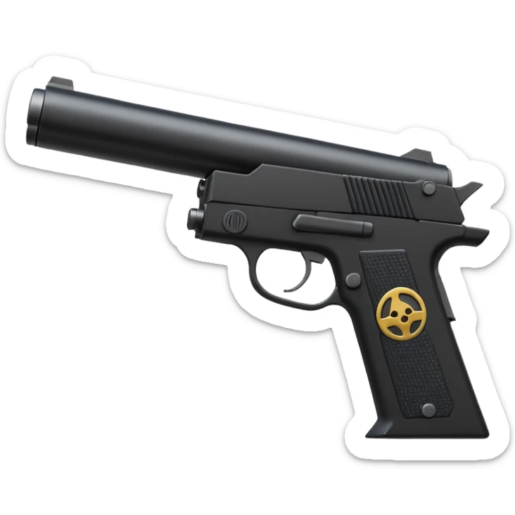 3D render of Silenced Pistol, secret agent spy gear aesthetic, hidden mechanisms, matte black metal with a long suppressor, sleek tactical texture, Apple emoji style, isolated on white background --v 6.0. sticker