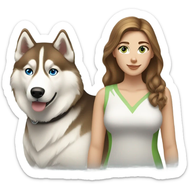 White Woman hair brown and bleus eyes and golden Husky With green eyes sticker