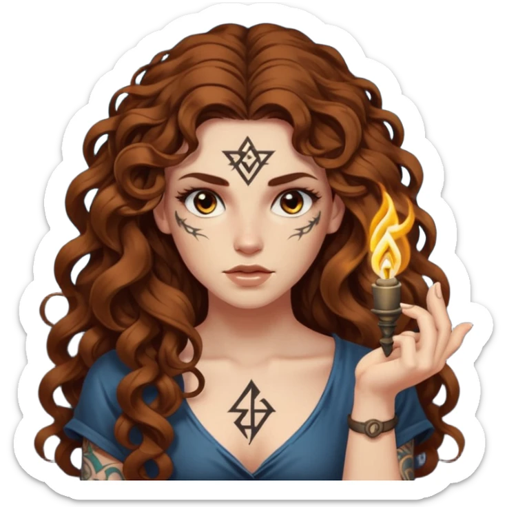 woman with long curly brown hair, brown eyes, white skin, tattoos, raising one eyebrow as a rune lights up “obvious” sticker
