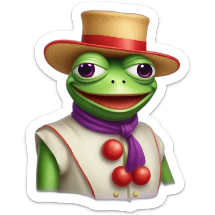 pepe the frog with red clown nose and purple hat and holding a salami sticker