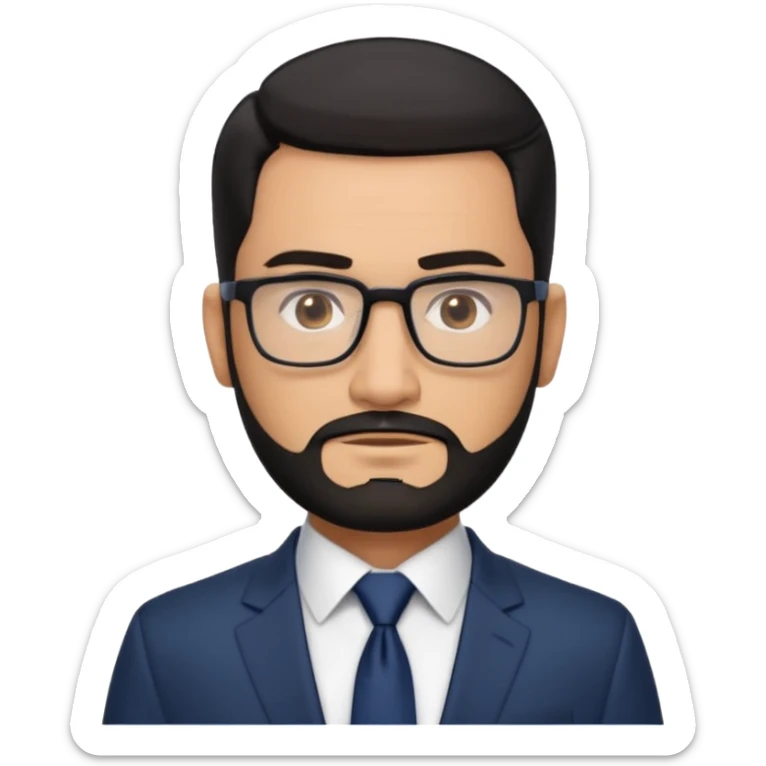 Attractive Hispanic TV host in his mid to late 40s with light brown skin, short straight black hair slicked back with fade on sides, square handsome face with strong jawline, friendly approachable expression, black beard, wearing glasses sticker