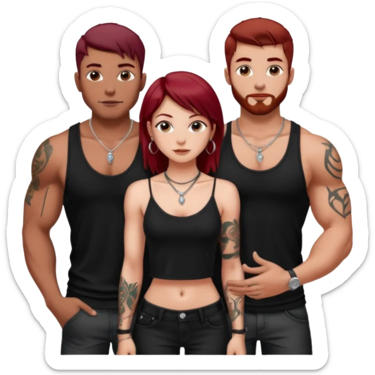 a pretty bratz fair girl with dark red straight hair, black cami top, silver dainty necklaces, rings, hoops, tattoos standing with two handsome lean but muscled guys sticker