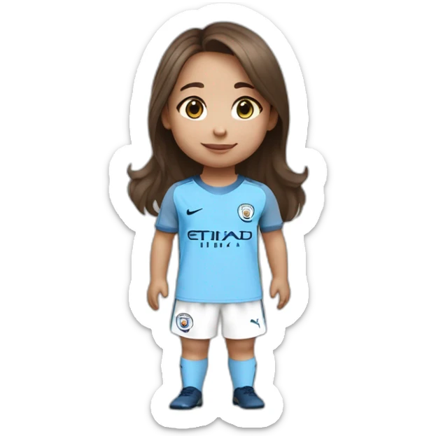 2 year old girl with long brown hair and eyes wearing Manchester City football shirt sticker