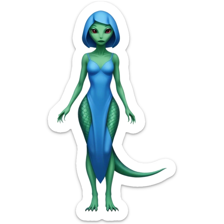 a Reptilian alien woman, full body, in bue dress sticker