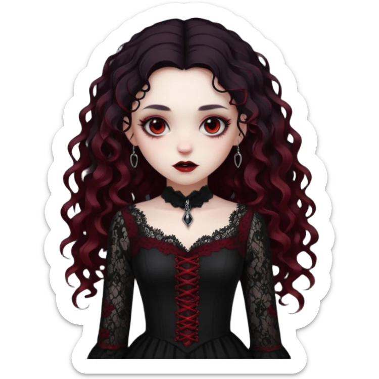 A girl with a dark red goth vampire look in a black goth lace dress with long sleeves longer black curly hair sticker