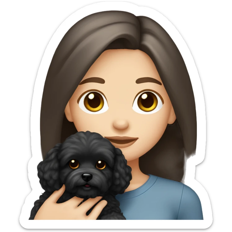 Caucasian Brunette girl long straight hair and hazel eyes, holding a black maltipoo sticker