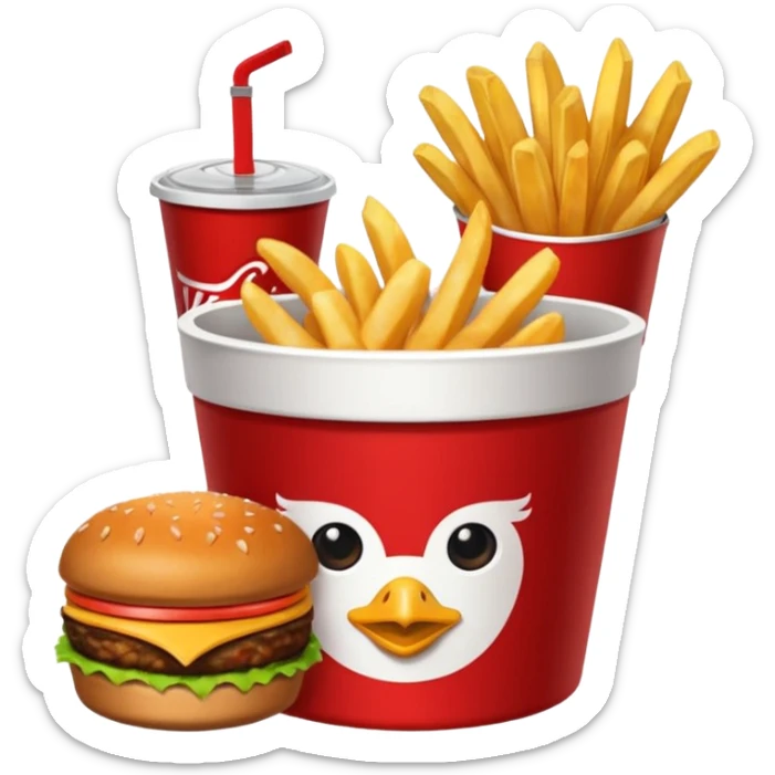 Plateau rouge avec dessus une bucket de poulet KFC , des frite dans un pot, un burgers et un coca sticker