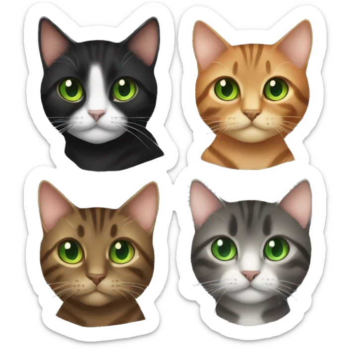 a brown tabby with green eyes, black tuxedo with green eyes, dark brown cat with orange eyes sticker