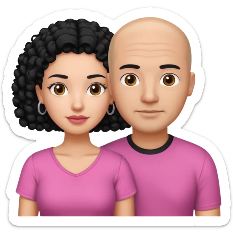 A picture if a couple. the man is a Mexican man with  black hair, a bald hair cut and black shirt on. the woman is mixed with black and white, with curly shoulder length hair and a pink shirt on sticker
