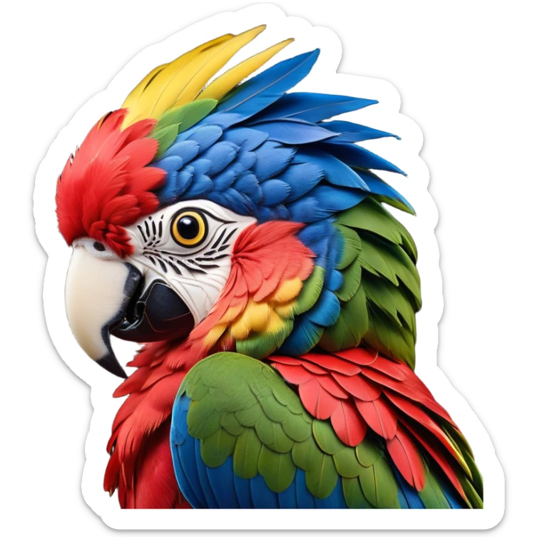 Cinematic Realistic Noble Macaw Portrait Emoji, Poised and majestic, with a robust, vibrant build and meticulously detailed plumage in scarlet, deep blue, and touches of gold, a strong, curved beak and piercing, intelligent eyes, rendered with lifelike feather texture and natural lighting, high shine, commanding and regal, styled with an air of tropical authority, focused and attentive, soft glowing outline, capturing the essence of a watchful and confident macaw that appears ready to soar out of the screen with effortless splendor! sticker