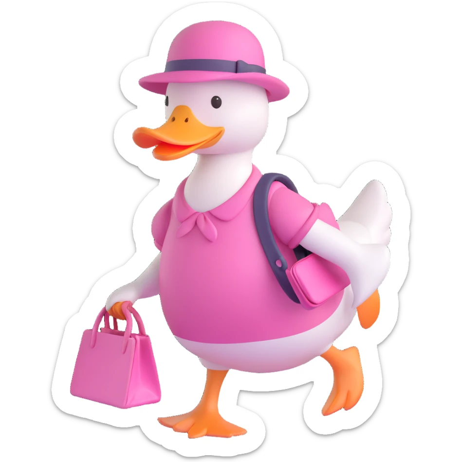A duck wearing a pink dress, a pink hat, and carrying a pink bag, walking, in a warm, cozy setting sticker