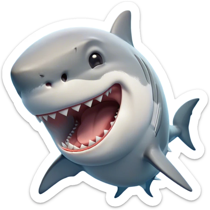 Cinematic Cute Yawning Great White Shark Portrait Emoji, Head tilted slightly with a dramatic, wide-open yawn, showcasing its robust, streamlined form with a slightly open mouth revealing powerful jaws and sleepy, half-closed eyes, Simplified yet irresistibly adorable features, highly detailed, glowing with a soft, cozy oceanic glow, high shine, relaxed yet expressive, stylized with a hint of whimsical aquatic ease, soft glowing outline, capturing the essence of a drowsy yet affectionate great white shark that appears ready to stretch and yawn its way out of the screen! sticker