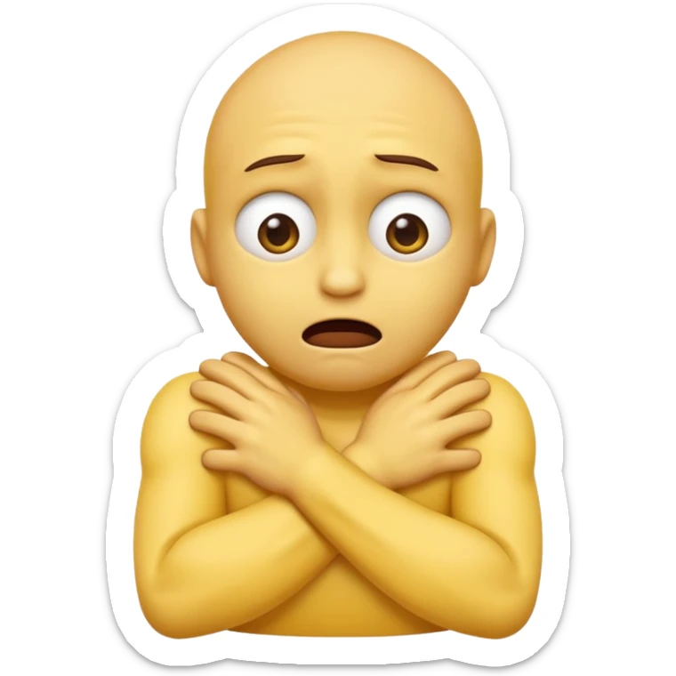 Yellow face emoji strangling itself with 2 arms crossed and hands saround neck and eyes looking up in fear sticker