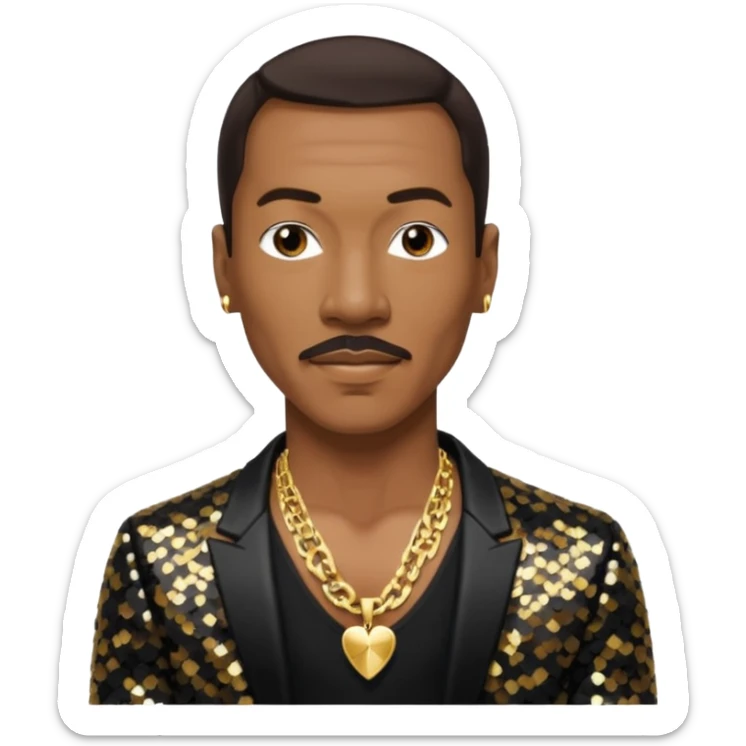 Eddie Murphy with dark brown hair, black sequin jacket, shirtless with necklace sticker