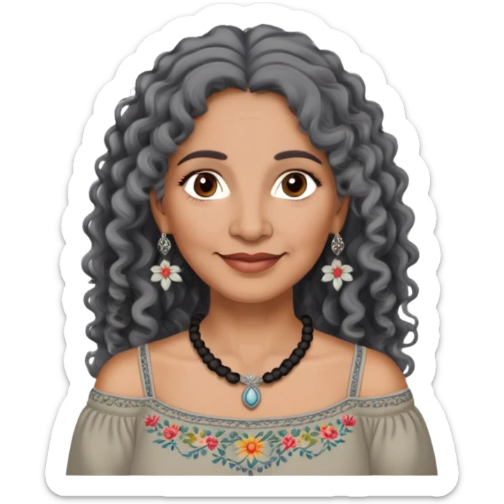 Latina woman, about 55 years old, dark warm brown skin, round soft face, long curly black and gray hair, no headband, medium eyes, thin eyebrows, gentle smile, gray peasant blouse with embroidery, bare shoulders, large dark necklace sticker