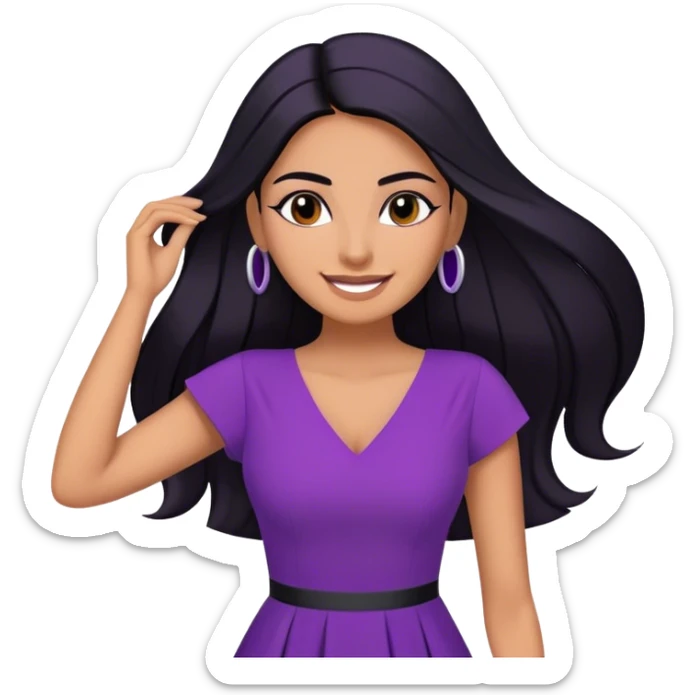 beautiful woman boss, with long straight black hair, with make up, black eye liner, smile, mexican, brown skin, wearing purple dress, she stand up, she replace hair behind her ear sticker