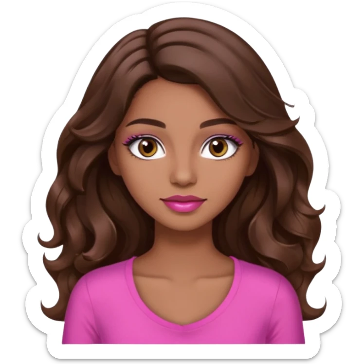 gorgeous woman, light brown skin, dark brown eyes, long wavy brown hair, pink top, wearing clear lipgloss and mascara  sticker