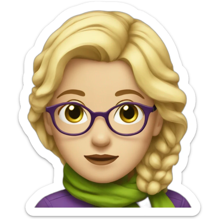 A girl with blonde medium hair and green eyes with glasses with purple scarf  sticker