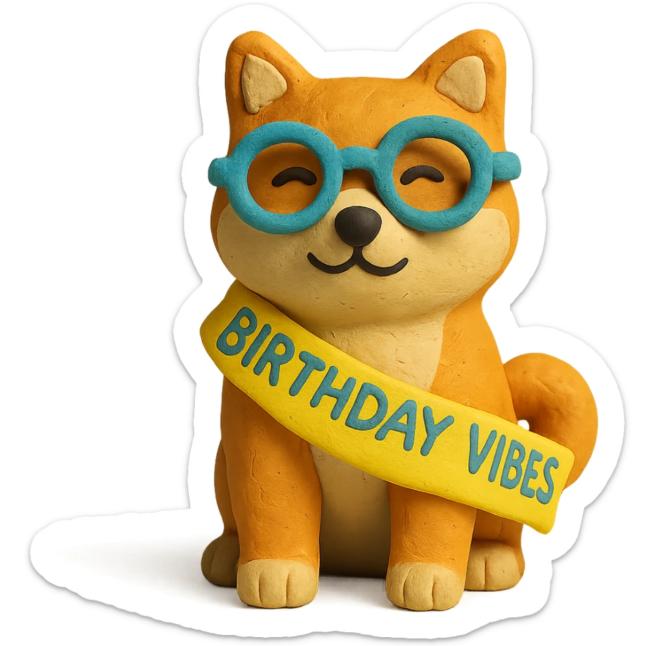 Shiba Inu wearing a "Birthday Vibes" sash and glasses, claymation style, transparent background sticker