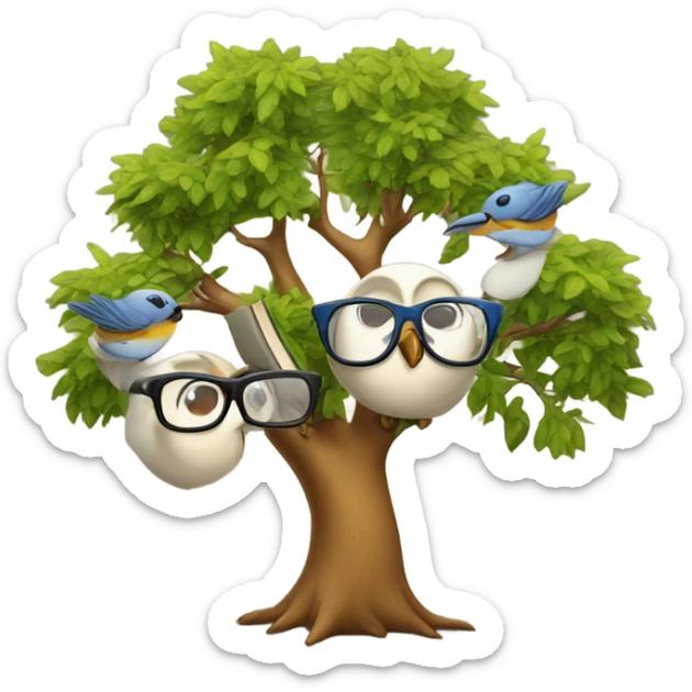 three birds in a tree but one of the birds wears glasses and hangs a book sticker