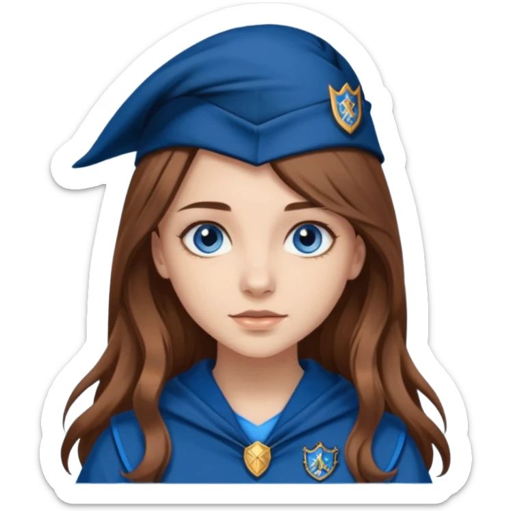 gorgeous Girl with light skin, blue eyes, long brown hair, wears a ravenclaw outfit sticker