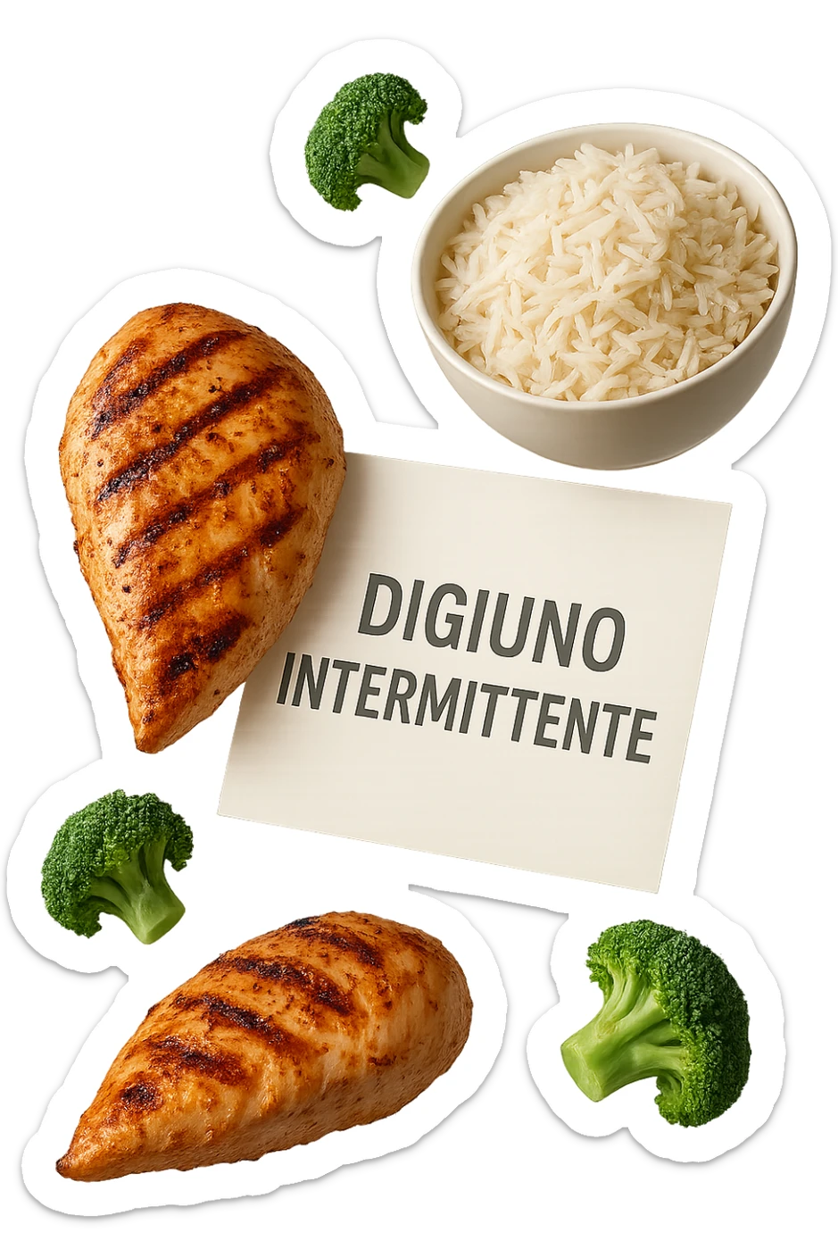 petto di pollo grigliato, bowl di riso basmati e broccoletti fluttuano in aria insieme ad un foglio con la scritta "DIGIUNO INTERMITTENTE", iperrealistico 4k sticker